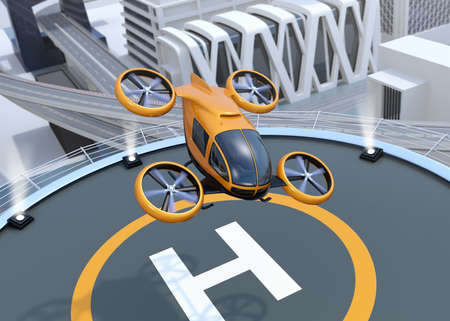 Orange self-driving passenger drone takeoff and landing on the helipad. 3D rendering image.の写真素材