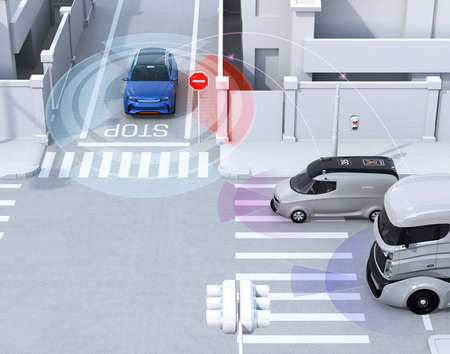 Blue SUV in one-way street detected vehicle in the blind spot. Connected car concept. 3D rendering...