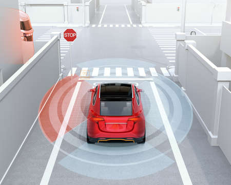 Rear view of red SUV in one-way street detected vehicle left side in the blind spot. Connected car...
