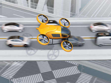 Yellow passenger drone flying over cars in heavy traffic jam. Concept for drone taxi. 3D rendering image.の写真素材