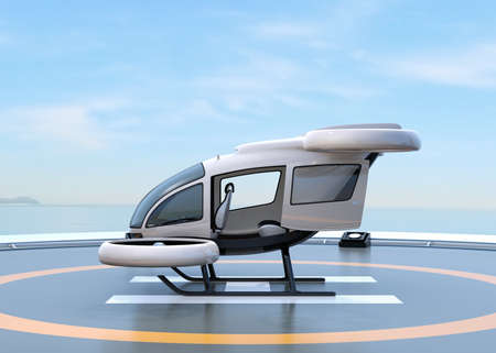 Side view of white self-driving passenger drone parking on the helipad. 3D rendering image.