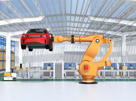 Orange heavyweight robotic arm carrying red SUV in the assembly factory. 3D rendering image.の写真素材