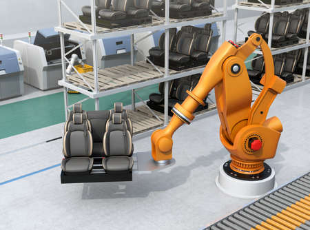 Heavyweight robotic arm carrying car seats in car assembly production line. 3D rendering image.の写真素材