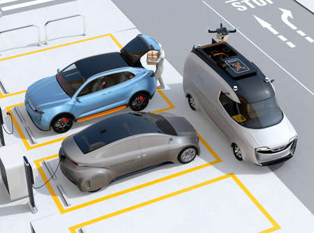 Delivery staff carrying package to blue car trunk in parking lot. Drone takes off from delivery van...
