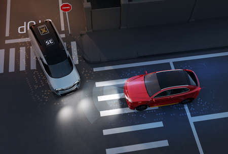 Red SUV avoid an accident from a minivan at crossroad. Advance driver-assistant system concept. 3D rendering image.の写真素材