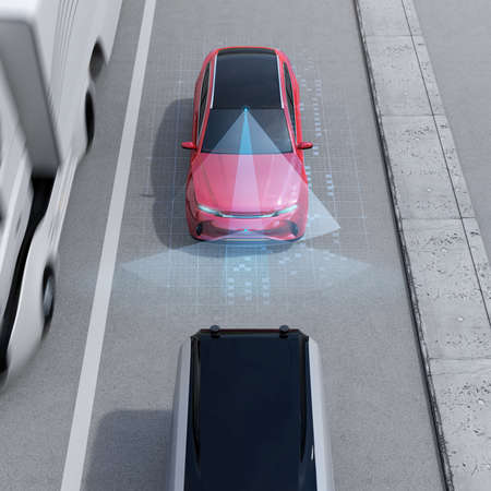 Front view of red SUV emergency braking to avoid car crash. Automatic Emergency Braking (Emergency brake system) concept. 3D rendering image.の写真素材