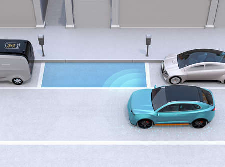 Autonomous SUV is parallel parking into parking lot at roadside. Intelligent Parking Assist System concept. 3D rendering image.の写真素材