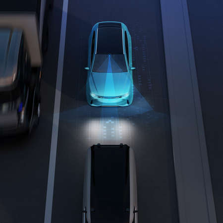 Front view of blue SUV emergency braking to avoid car crash. Automatic Emergency Braking (Emergency...