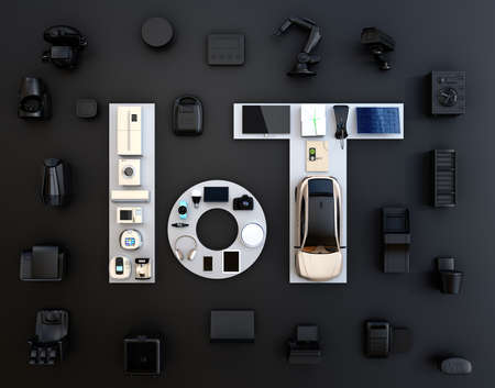 Front view of smart appliances on black background. Internet of Things and home automation concept. Consumer products. 3D rendering image.の写真素材