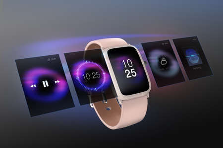 Smart watch with multi-layer interface layout on dark gray background. 3D rendering image.