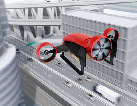 Rear view of red VTOL drone carrying delivery packages flying in the sky. Concept for fast delivery service. 3D rendering image.の写真素材