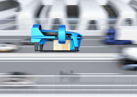 Side view of blue VTOL drone carrying delivery packages flying beside highway bridge. Concept for fast delivery service. 3D rendering image.の写真素材