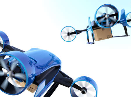 Rear view of blue VTOL drones carrying delivery packages flying in the sky. 3D rendering image.の写真素材