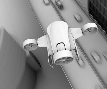 Clay rendering of VTOL drone carrying delivery packages flying in the sky. Concept for fast delivery service. 3D rendering image.の写真素材