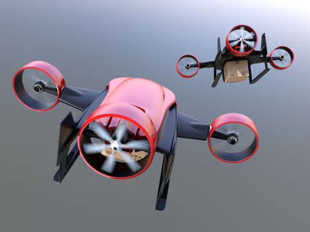 Rear view of red VTOL drones carrying delivery packages flying in the sky. 3D rendering image.の写真素材