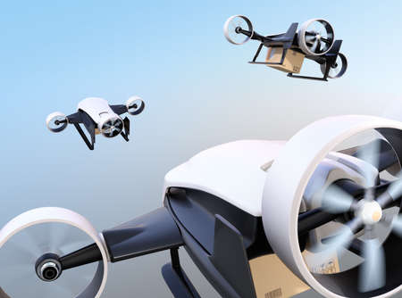 Rear view of white VTOL drones carrying delivery packages flying in the sky. 3D rendering image.の写真素材
