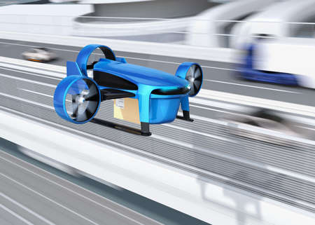 Metallic blue VTOL drone with delivery packages flying beside highway bridge. Concept for fast delivery service. 3D rendering image.の写真素材