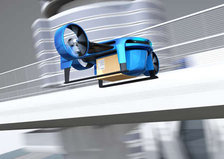 Metallic blue VTOL drone with delivery packages flying beside highway bridge. Concept for fast delivery service. 3D rendering image.の写真素材