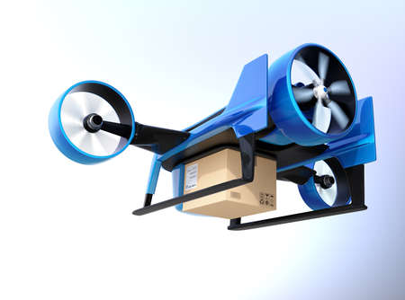 Rear view of blue VTOL drone carrying delivery package flying in the sky. 3D rendering image.の写真素材