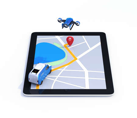 Rear view of delivery drone and van on digital tablet computer. White background. Last one mile...