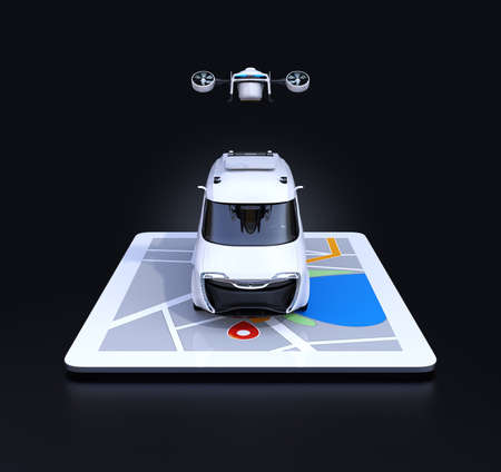 Front view of delivery drone and van on digital tablet computer. Black background. Last one mile...
