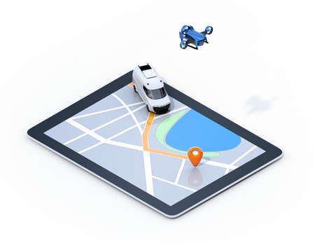 Isometric view of delivery drone and van on digital tablet computer. White background. Last one mile digital solution concept.の写真素材