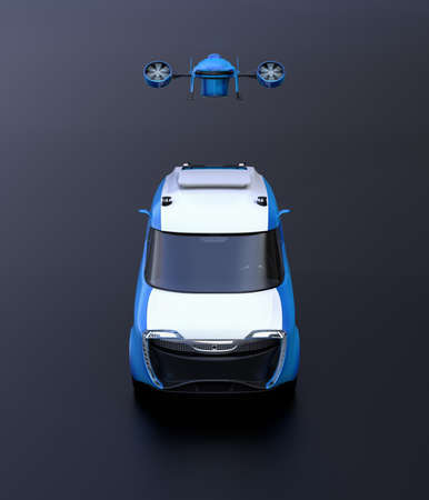 Front view of delivery drone takeoff from two-tone electric powered delivery van on black background. 3D rendering image.の写真素材