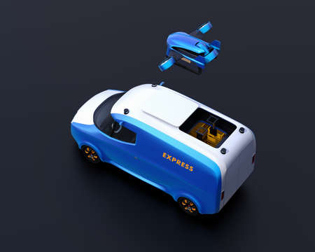 Delivery drone takeoff from two-tone electric powered delivery van on black background. 3D rendering image.の写真素材