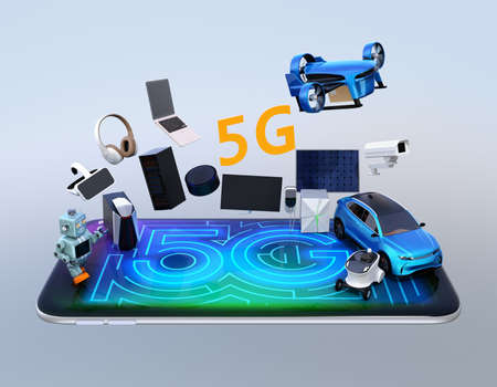 Smart appliances, drone, autonomous vehicle and robot jump from smart phone, 5G concept. 3D rendering image.の写真素材