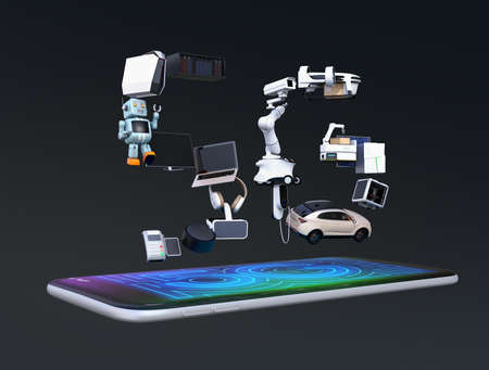 Smart appliances, drone, autonomous vehicle and robot arranged in '5G' text on smart phone. Black background. 5G concept. 3D rendering image.の写真素材