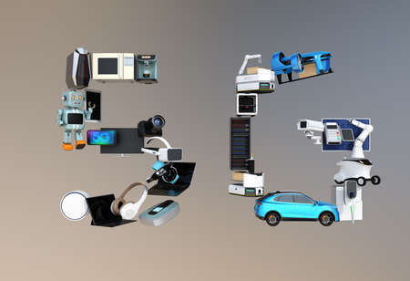 Smart appliances, drone, autonomous vehicle and robot arranged in '5G' text. 5G concept. 3D rendering image.の写真素材
