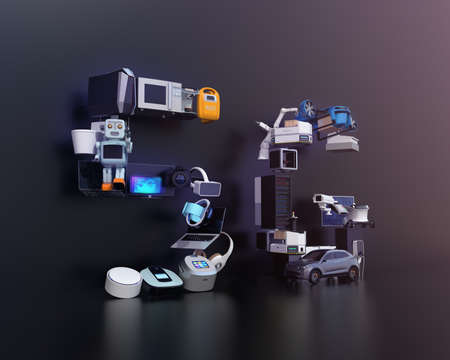 Smart appliances, drone, autonomous vehicle and robot arranged in '5G' text. Black background. 5G concept. 3D rendering image.の写真素材