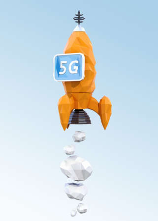 Launch polygonal rocket with monitor in blue sky. 5G concept. 3D rendering image.の写真素材