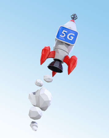 Launch polygonal rocket with monitor in blue sky. 5G concept. 3D rendering image.の写真素材