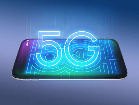 5G text on smart phone. 3D rendering image.の写真素材