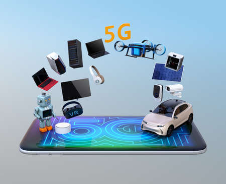 Smart appliances, drone, autonomous vehicle and robot on smart phone, 5G graphic display on the smart phone. 5G concept. 3D rendering image.の写真素材