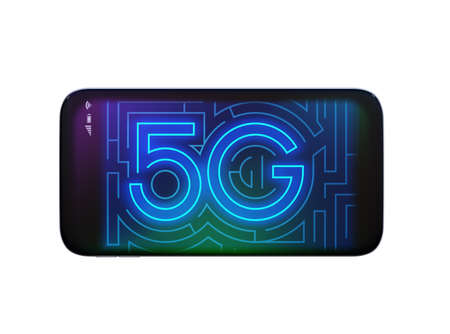 Smart phone display 5G text in maze style. 3D rendering image.の写真素材