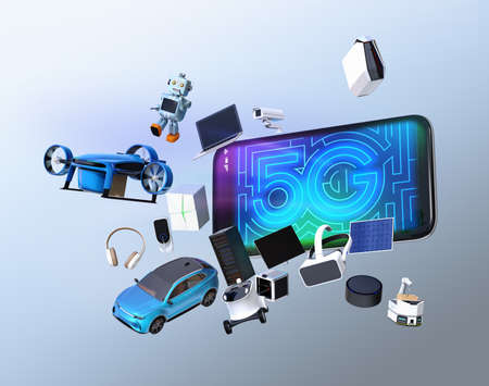 Smart appliances, drone, autonomous vehicle and robot jump from smart phone, 5G concept. 3D rendering image.の写真素材