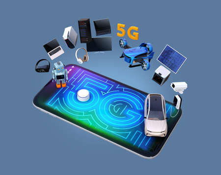 Smart appliances, drone, autonomous vehicle and robot on smart phone, 5G graphic display on the smart phone. 5G concept. 3D rendering image.の写真素材