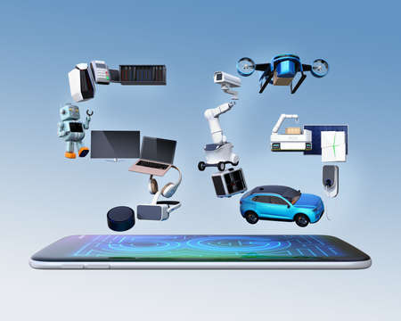 Smart appliances, drone, autonomous vehicle and robot arranged in '5G' text on smart phone, 5G...