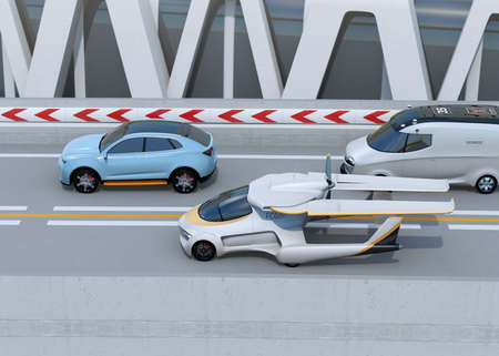Side view of futuristic flying car driving on the highway. 3D rendering image.の写真素材