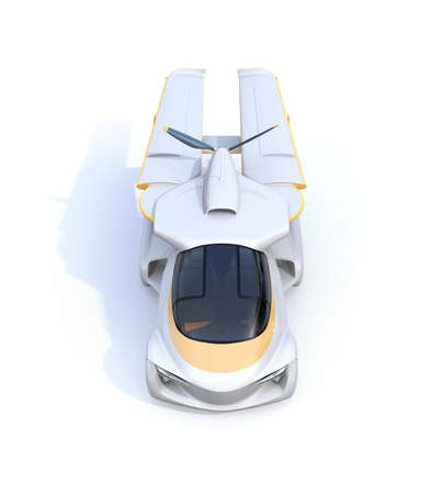 Front view of futuristic autonomous car isolated on white background. The wings turned to rear side in compact size. Flying car concept. 3D rendering image.の写真素材