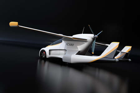 Rear view of futuristic autonomous car on black background.Flying car concept. 3D rendering image.の写真素材