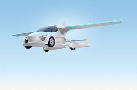 Futuristic autonomous car flying in the sky. Original design. 3D rendering image.の写真素材