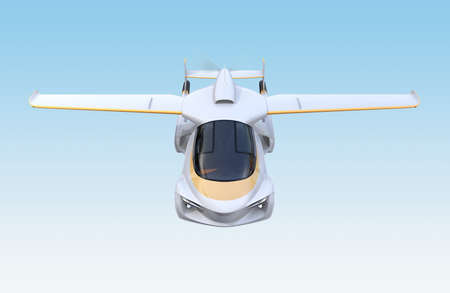 Front view of futuristic autonomous car flying in the sky. 3D rendering image.