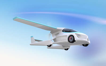 Futuristic autonomous car flying in the sky. Original design. 3D rendering image.の写真素材