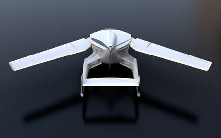 Rear view of futuristic autonomous car on black background. Flying car concept. 3D rendering image.の写真素材