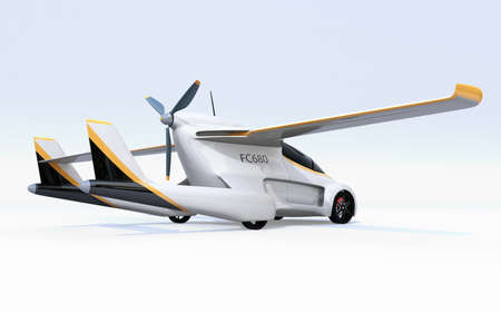 Rear view of futuristic autonomous car isolated on white background. Flying car concept. 3D rendering image.の写真素材