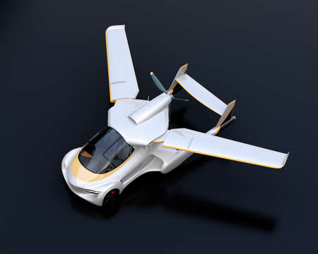 Futuristic autonomous car on black background. Flying car concept. 3D rendering image.の写真素材