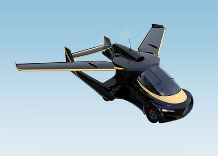 Futuristic autonomous car flying in the sky. 3D rendering image.の写真素材